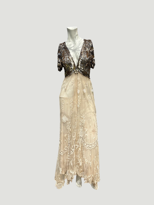 Daisy, 20s black and gold floral sequins and Victorian ecru lace dress