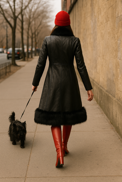 Ali, 70s original black leather and faux fur buckle coat