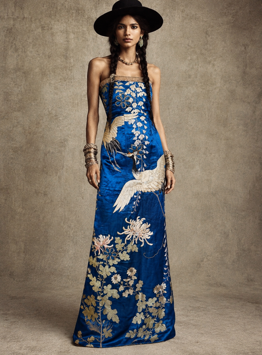 Raner, reworked 1930s cobalt blue silk embroidered bustier dress