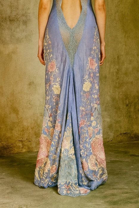 Mina, reworked floral embroidered long piano shawl gown