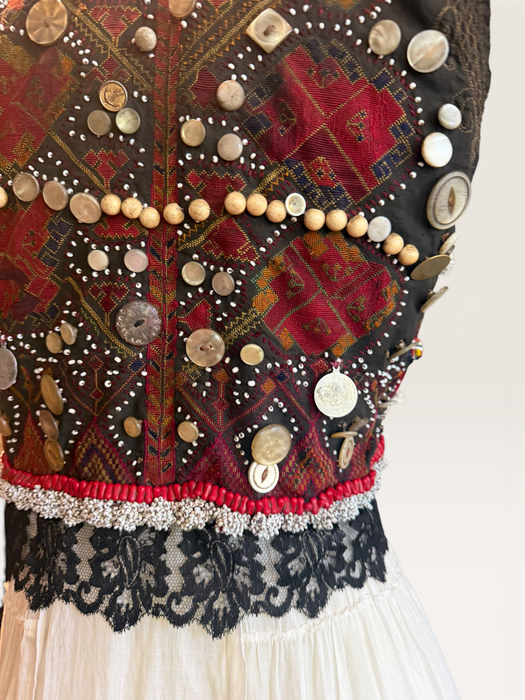 Natalia, reworked Victorian tiered skirt and Afghan beaded dress