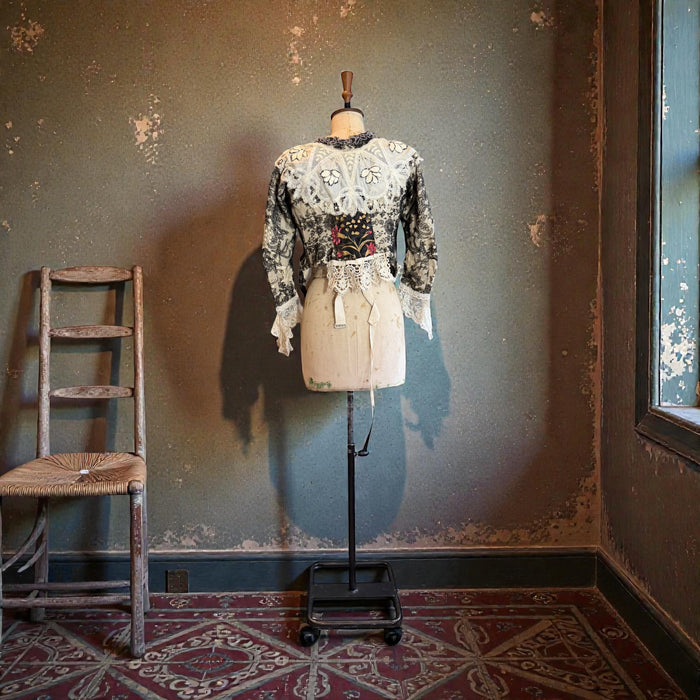 Perry, embellished Victorian lace jacket with hand painted motif