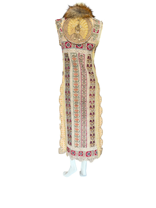 Chiara, 19th C Greek hand woven embroidered waistcoat with a faux fur collar and beaded side pocket
