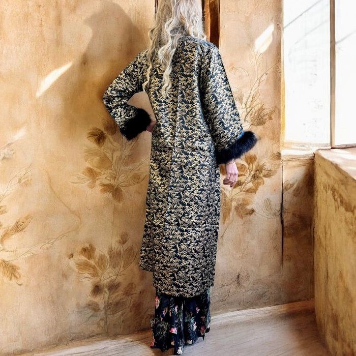 Colette, 30s lack and gold print robe with feather hem
