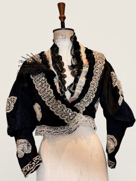 Kiki, Victorian black silk jacket with mutton sleeves, embellished with beaded lace