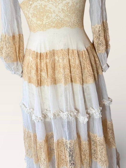 Sabine, 30s off white chiffon and cream lace tiered buttoned dress