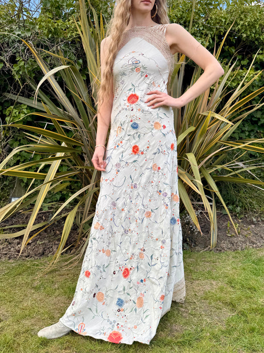 Caprice, reworked 40s silk embroidered floral shawl dress