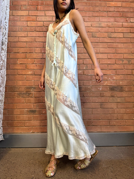 Sabrina, 30s pale green silk and lace dress