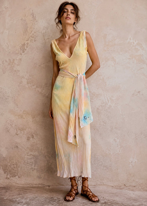 Aline, hand dyed 30s silk bias cut dress with attached belt/cape