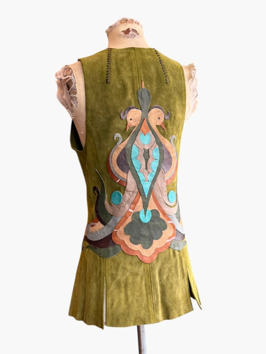 Basil, 70s olive green suede waistcoat with leather ties and handmade folk leather appliqué