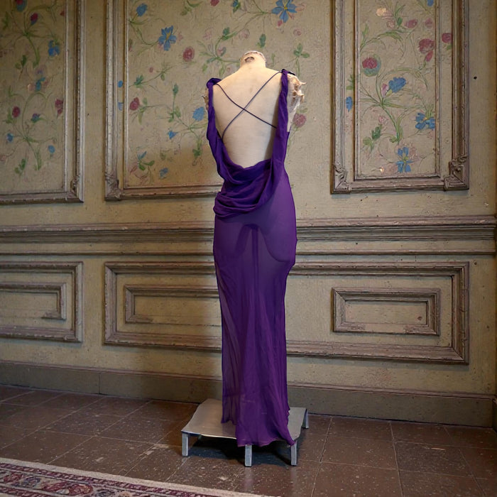 Axil, 90s purple silk chiffon bias cut dress with cowl neck
