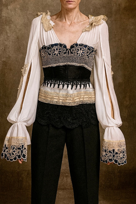 Pluto, reworked corseted lace and beaded poet blouse