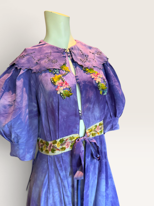 Hyacinth, 30s hand dyed silk robe with Edwardian ribbon florals
