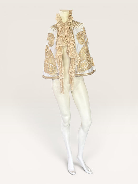Shay, Ottoman cream and gold embroidered cape with cream lace ruffle collar