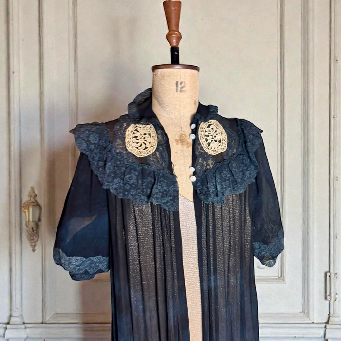 Gina, 30s black chiffon and lace robe with cream lace bows