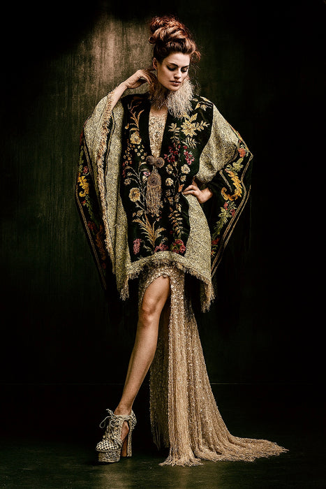 Bonnie, reworked gold brocade cape with Edwardian and beaded trims