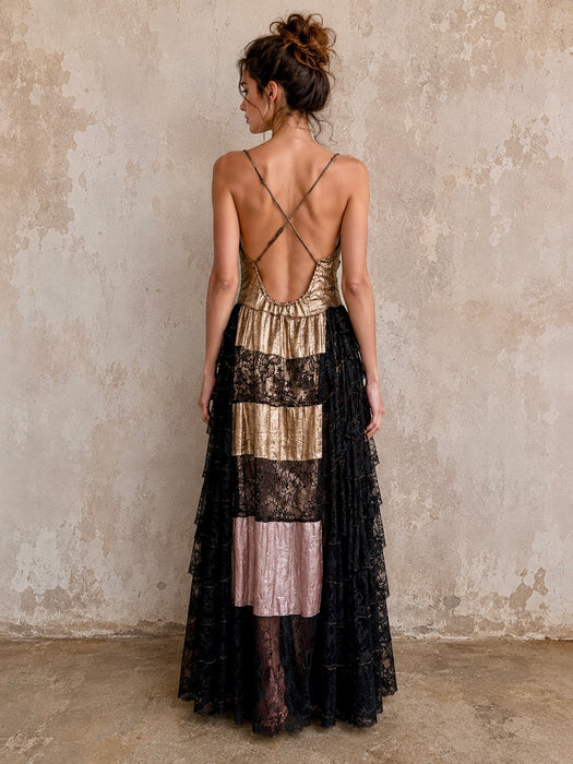 Fay, reworked 1930s gold and black lace tiered dress