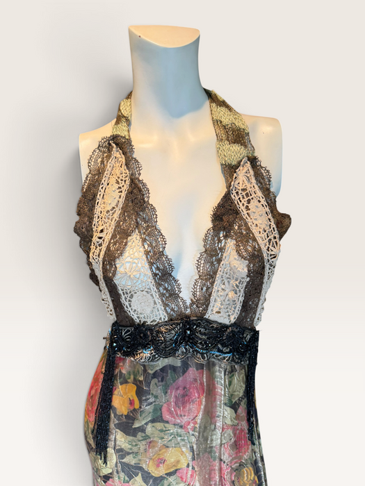 Dray, reworked 1920s floral lamé and metallic dress with glass black jet beaded fringed waistband