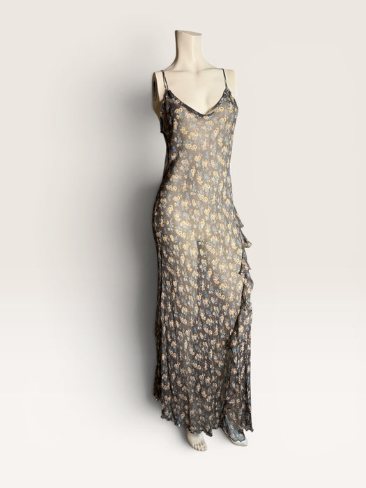 Bora, 90s silk chiffon bias cut floral, long frill dress