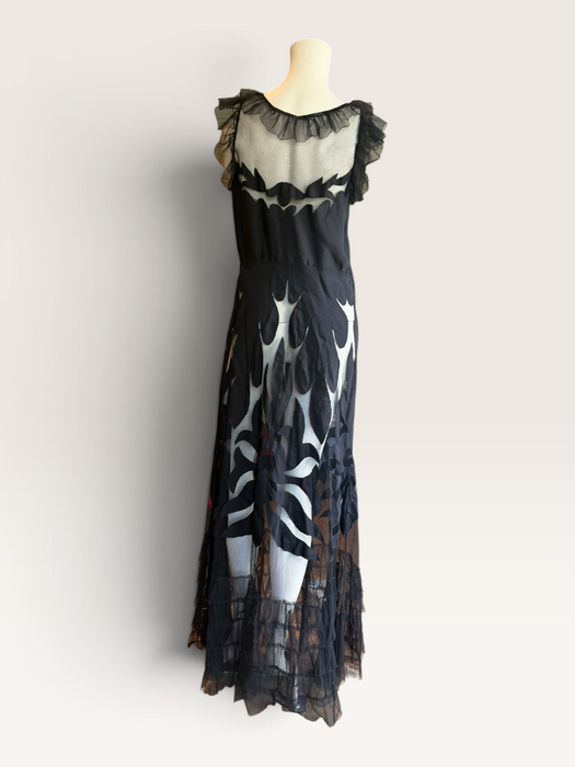 Oriel, 30s black net silk cut out frill dress