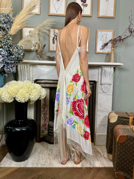 Ocra, 40s silk hand painted floral fringed dress