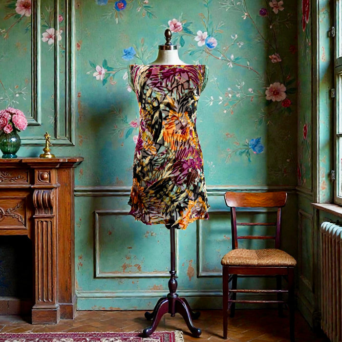 Radcliffe, reworked 20s silk devoré floral fringed dress