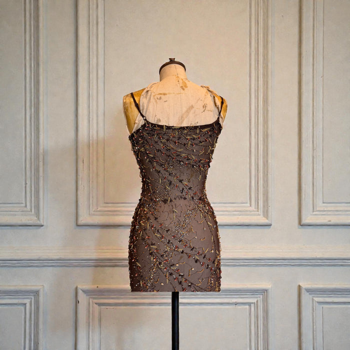 Tory, 90s beaded brown bias cut chiffon handkerchief dress