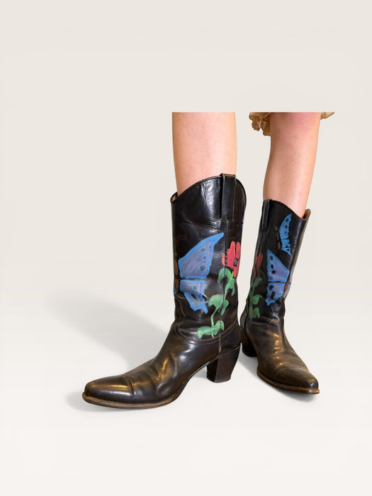 Dallas, 70s black leather hand painted cowboy boots