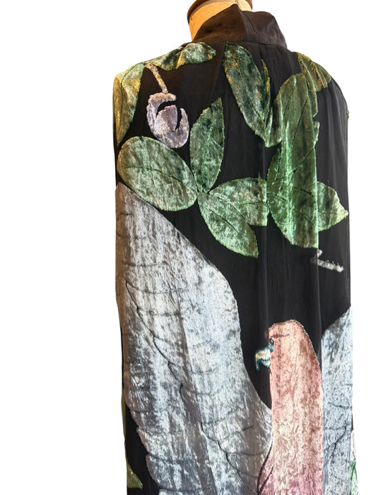Hanna, Art Nouveau silk devorée chiffon cape with large bird and floral print