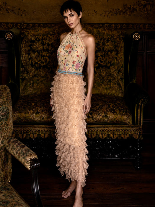 Kali, reworked embroidered piano shawl dress with brass choker and 20s sheered metallic skirt