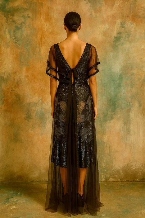 Megan, original 20s black sequins and net dress dress with beaded belt