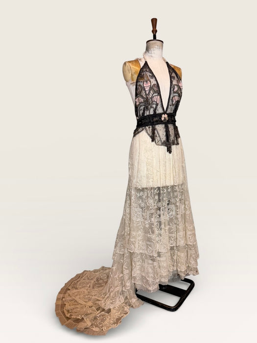 August, reworked Victorian French lace and 20s beaded dress