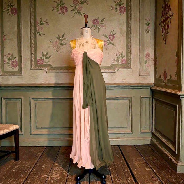 Bill Blass, 80s silk chiffon draped dress