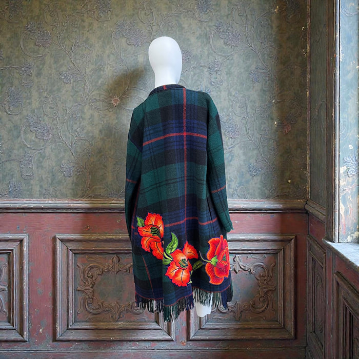 Cara, reworked 70s embroidered blanket plaid coat