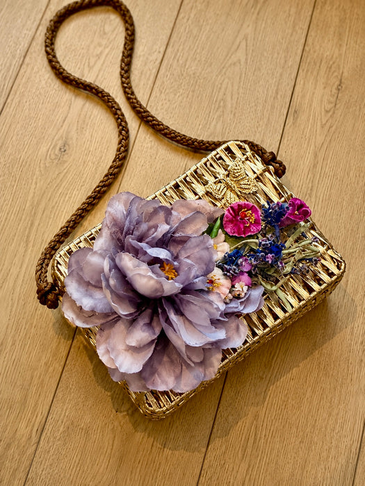 Magli, 70s Made Italy, gold straw shrouded bag with silk antique florals and gold plated butterfly
