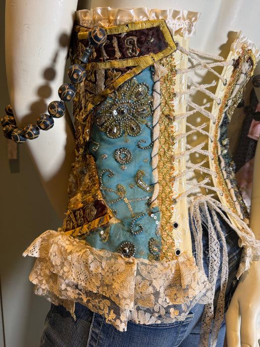 Papal, Edwardian ecclesiastical embroidered corset with lace and antique shoulder beads
