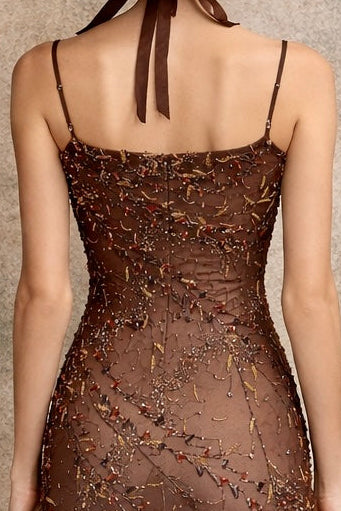 Tory, 90s beaded brown bias cut chiffon handkerchief dress