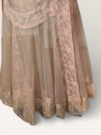 Patina, 30s peach silk and lace tulle belted wrap over dress/robe