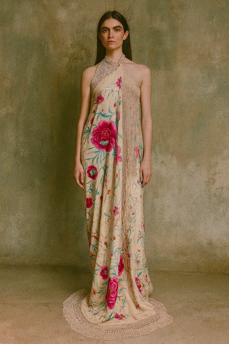 Allia, reworked 40s floral embroidered piano shawl dress