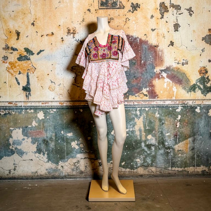 Blaze, 1940s floral cotton tunic with antique Indian embroidery