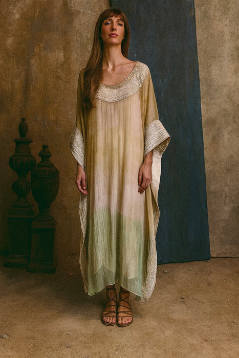 Bodie, hand dyed embroidered silk kaftan