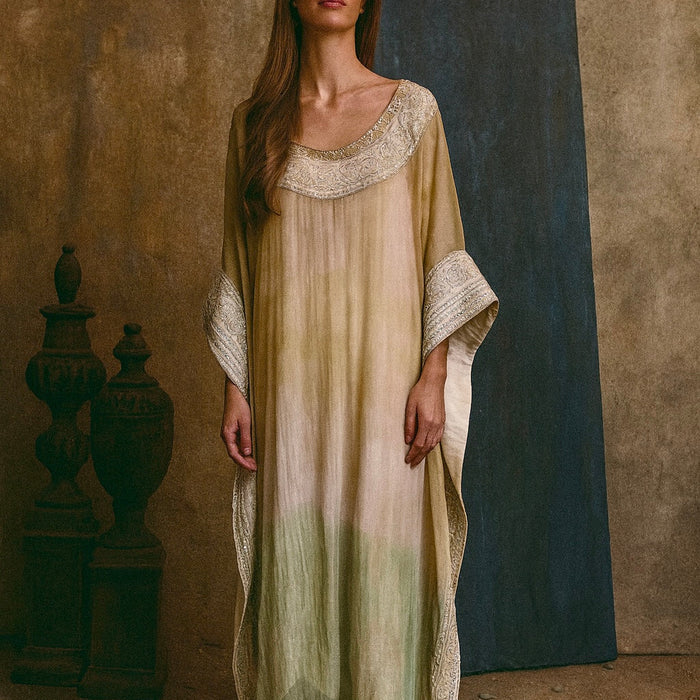 Bodie, hand dyed embroidered silk kaftan