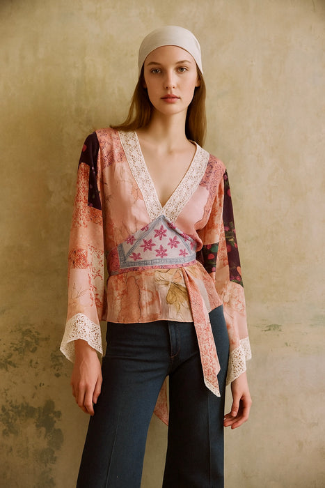 Birdie, reworked patchwork blouse with angel sleeves
