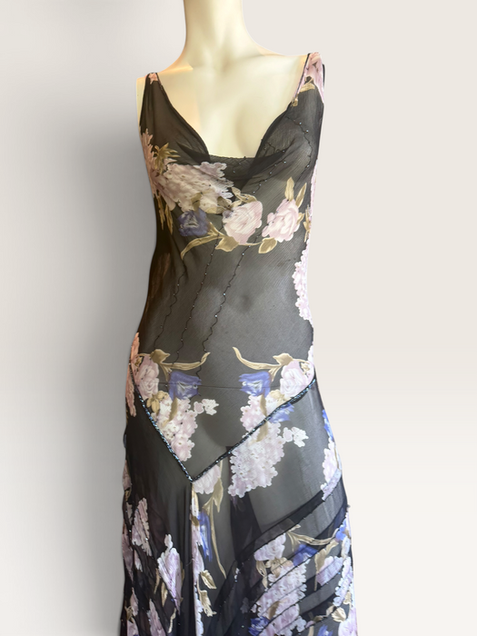 Taylor, 90s beaded bias cut floral print asymmetric dress