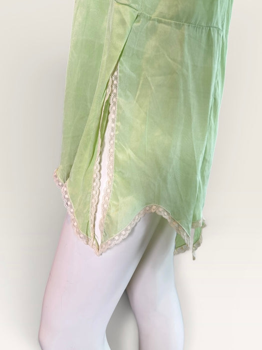 Tara, 1920s apple green silk and lace scalloped short dress with floral ribbon detail