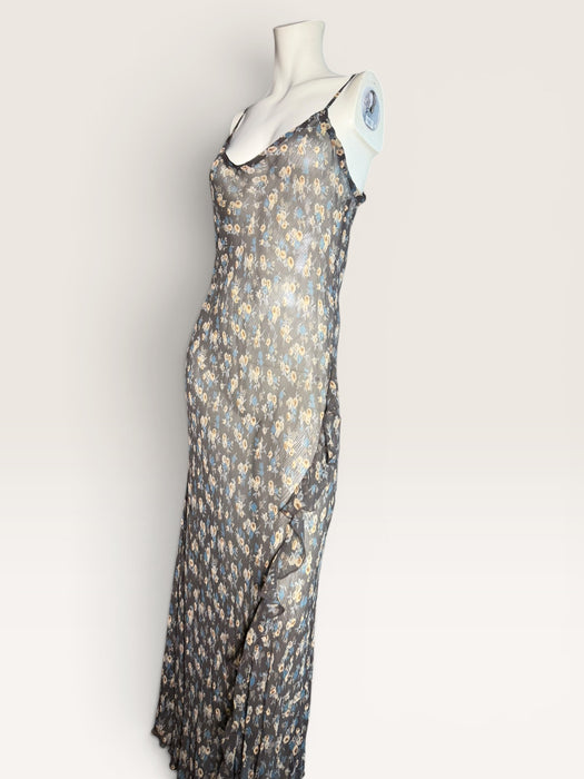 Bora, 90s silk chiffon bias cut floral, long frill dress