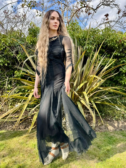 Stevie, 30s black net assymetric pleated gown