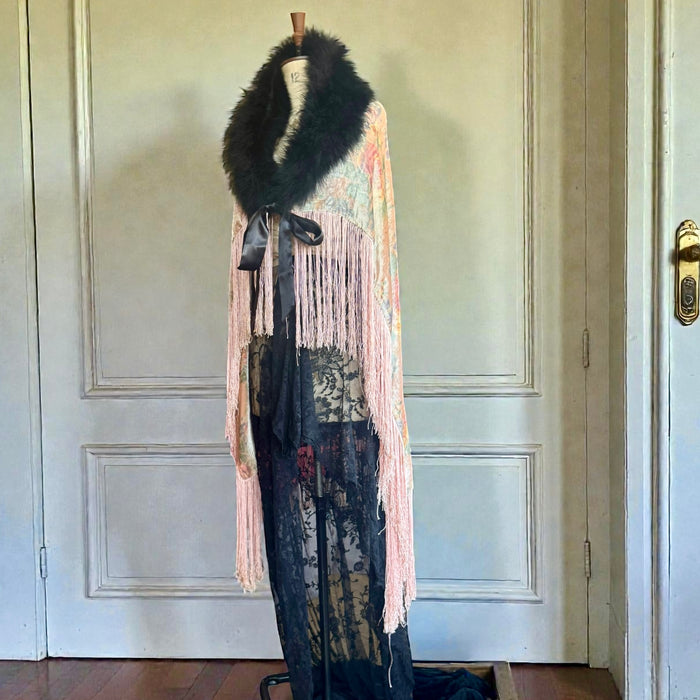 Wilma, 20s floral fringed velour cape with black feather collar and tie