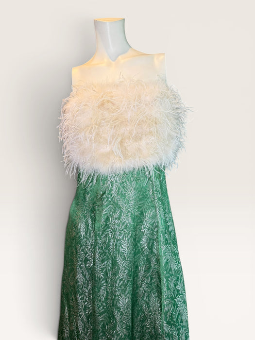 Monica, reworked 1920s green floral lamé gown with cream ostrich feather bust