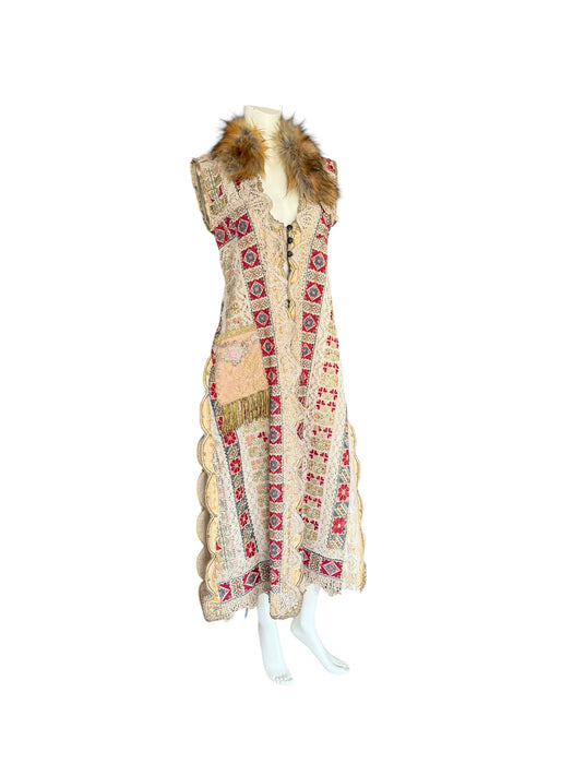 Chiara, 19th C Greek hand woven embroidered waistcoat with a faux fur collar and beaded side pocket